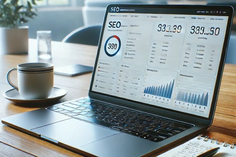 Laptop con cifras y estadísticas SEO en oficina